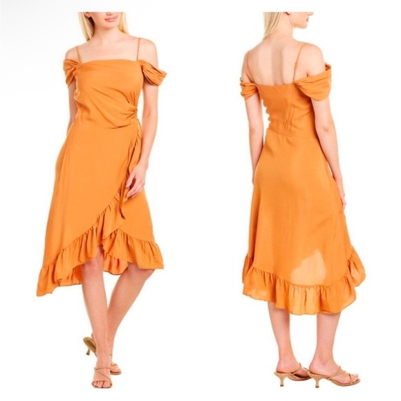 MAJE Routila Wrap Effect Cold Shoulder Midi Dress in Terracotta Size 1 (Small) - Picture 2 of 13